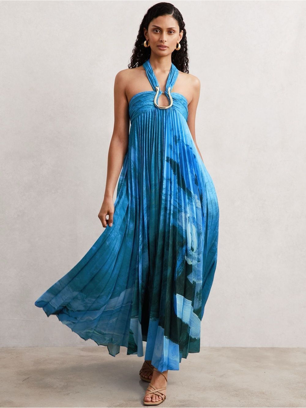 Acler Abstract-Print Pleated Maxi Dress in Blue Turquoise Blue Size 12